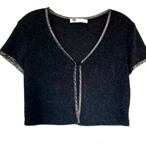 Byer Too California Charcoal Cropped Cap Sleeve Cardigan Top Satin Trim Button